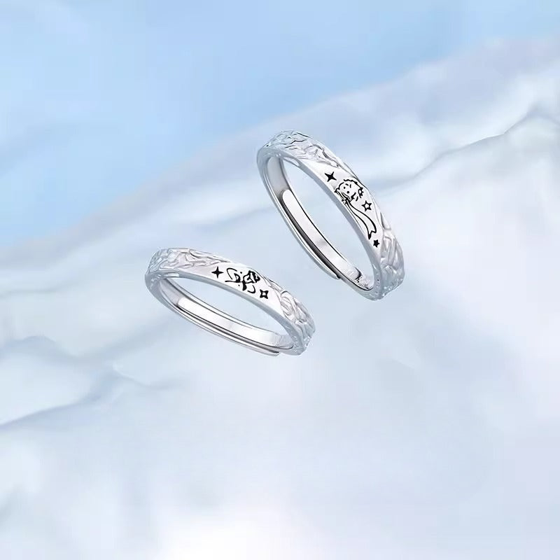 Planderful Sterling Silver Little Prince And Rose Couple Ring Adjustable Opening Gift For Girlfriend Christmas