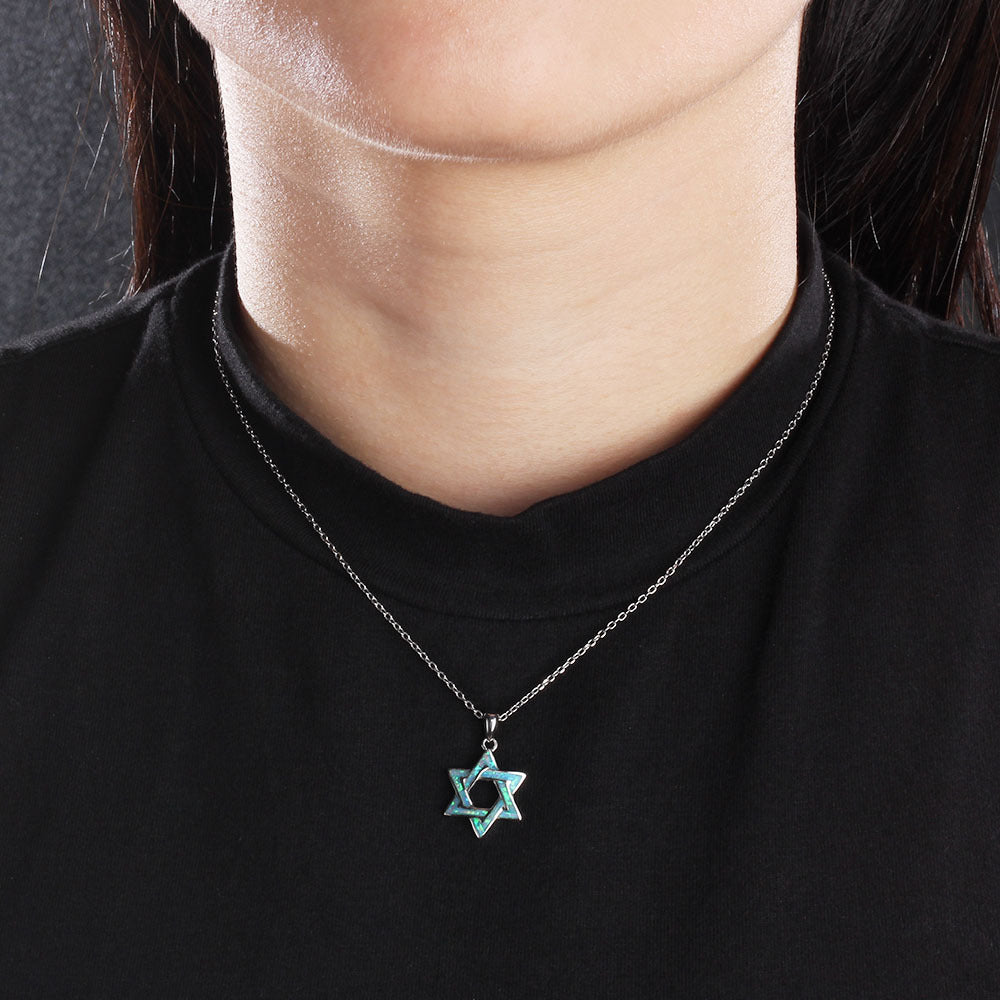 Blue Opal Hexagonal Star Sterling Silver Necklace