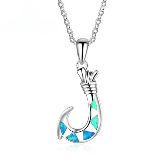 Blue Opal Fish Hook Sterling Silver Necklace