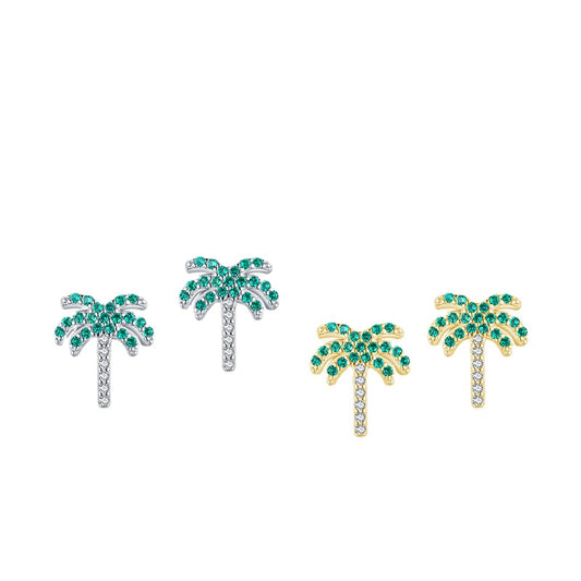 Tropical Coconut Tree Sterling Silver Earrings with Zircon