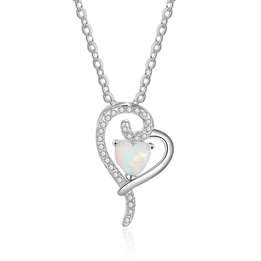 Planderful Jewelry Opal Heart Necklace in Sterling Silver with White Zircon Pendant