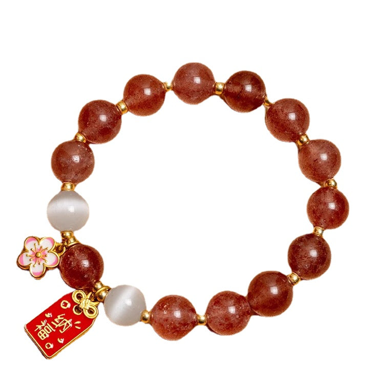 Charm Bracelet with Natural Strawberry Crystal Opal and Sterling Silver - Chinese Style Women's Gift