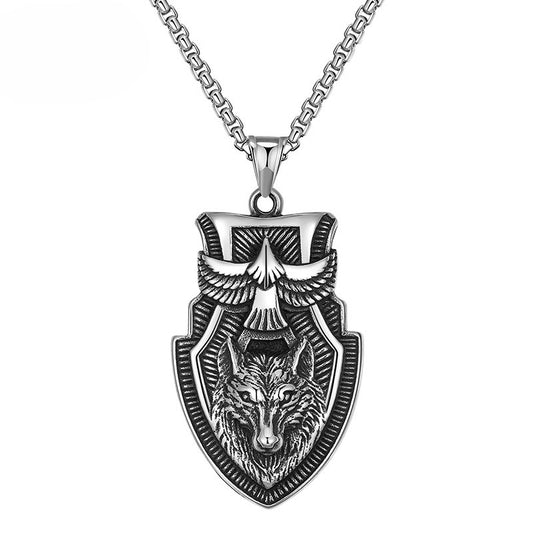 Steel Necklace – Statement For Men Retro Eagle Shield Wolf Head Pendant With Bold Detailing