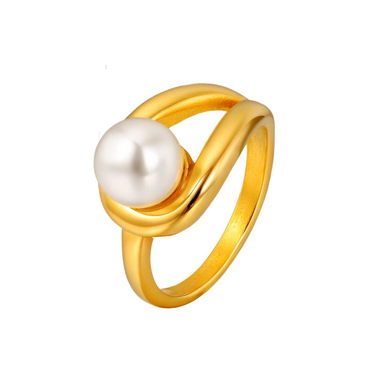 Stainless Steel Ladies Gold Imitation Pearl Ring Water Drop Imitation Pearl Ring