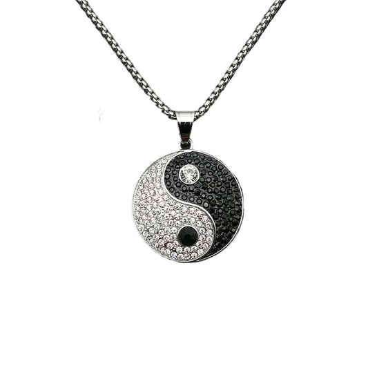 Planderful Hip Hop Jewelry Yin Yang Pendant Necklace Titanium Steel Rhinestone Accents For Unisex Streetwear Fans