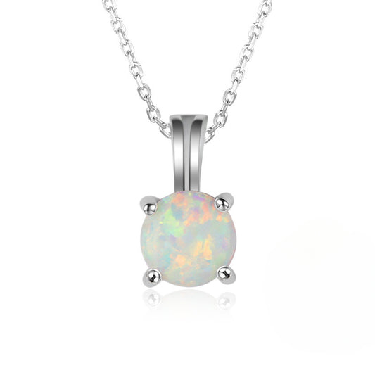 Solitaire Round Opal Pendant Sterling Silver Necklace