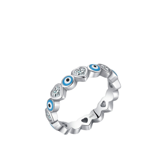 S925 Sterling Silver Blue Eye Heart Ring with Zircon Stacked Wind Detail