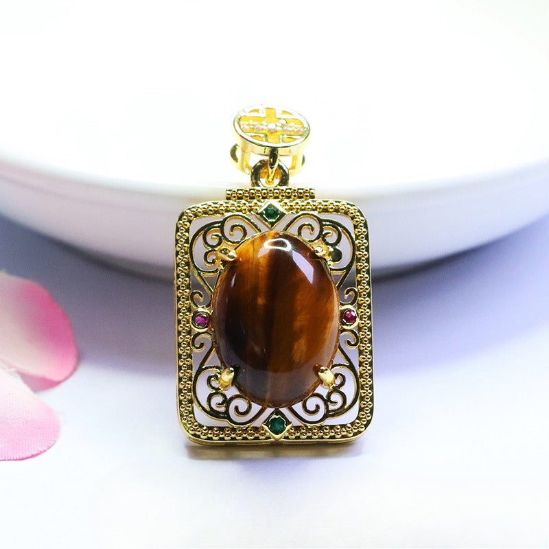 Yellow Tiger Eye Openwork Square Pendant — No Chain