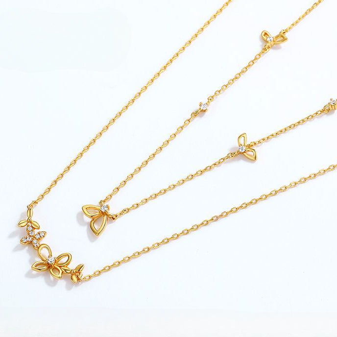 Butterfly Flower Zircon Double Layer Sterling Silver Necklace