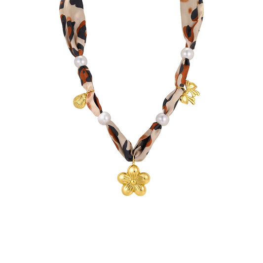 Maillard Leopard Print Silk Scarf Women's Stainless Steel Imitation Pearl Sunflower Design Necklace