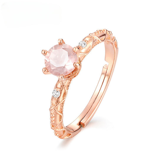 Six Prongs Round Shape Pink Crystal Opening Silver Ring