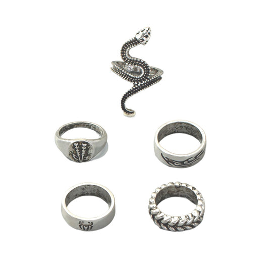 Japanese and Korean Retro Fusion Snake Head Geometric Rings Set of 5 - Wholesale Jewelry