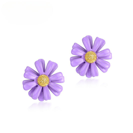 Enamel Purple Daisy Zircon Sterling Silver Stud Earrings