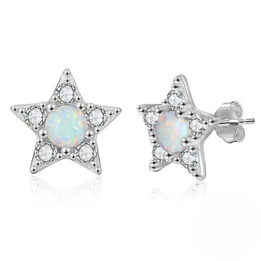 Round Opal Zircon Star Sterling Silver Stud Earrings