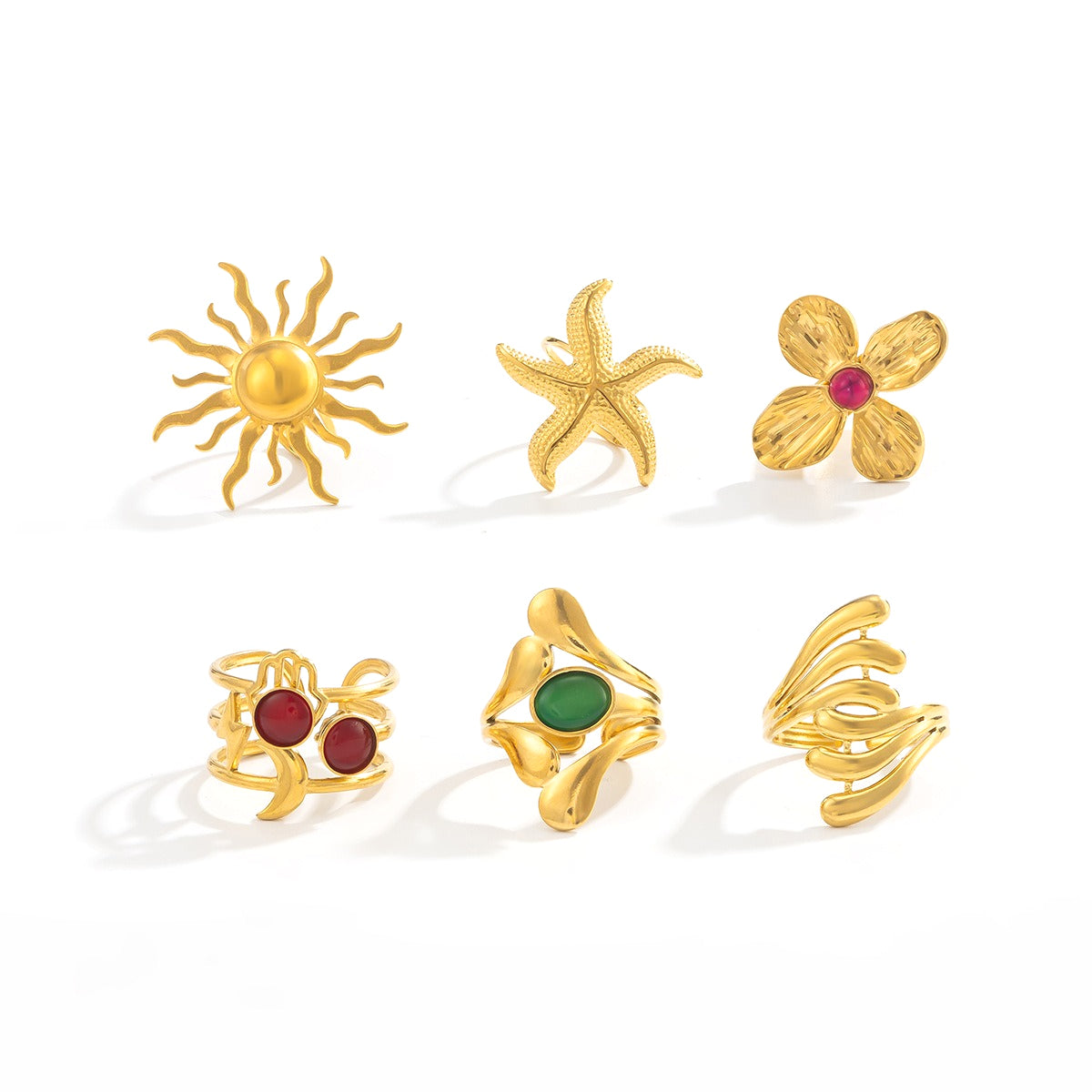 Planderful Vienna Verve Stainless Steel Flower Gemstones Opening Ring For Women Chic Vacation Style