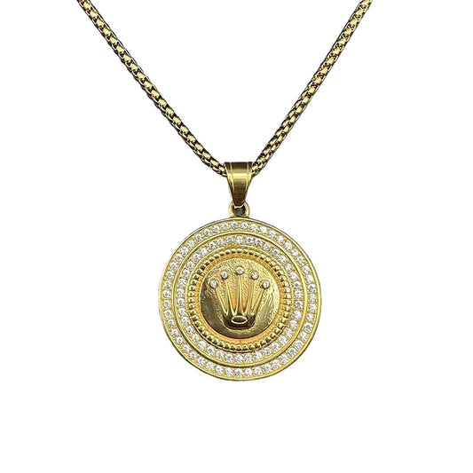 Planderful Premium Hip Hop Necklace Titanium Steel Rhinestone Crown Pendant Three Bead For Men And Women