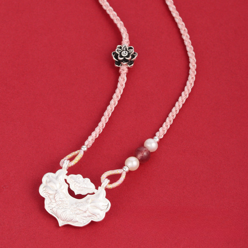 Red Rope Necklace with Crystal, Pearl, and Lotus Pendant