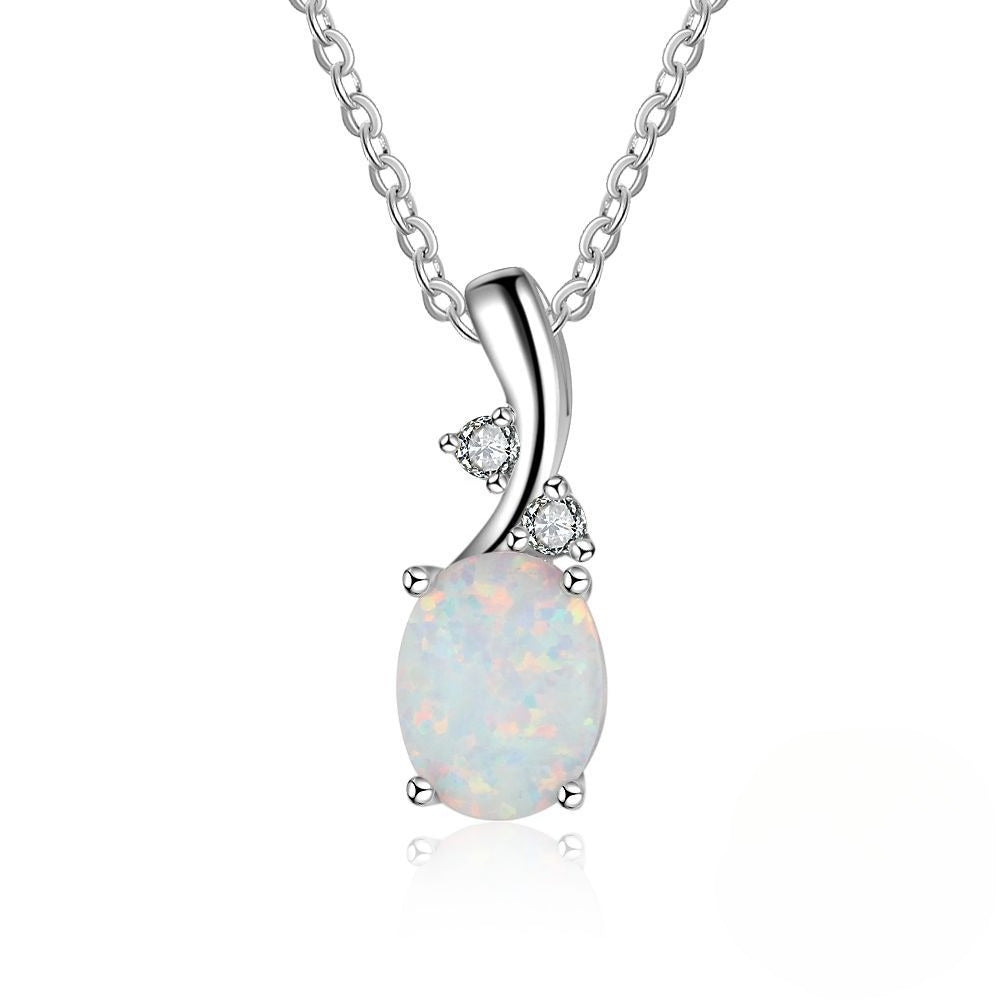 Planderful Jewelry Opal Pendant Necklace in Sterling Silver S925 With CZ Zircon and European Style