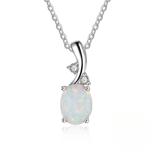 Planderful Jewelry Opal Pendant Necklace in Sterling Silver S925 With CZ Zircon and European Style