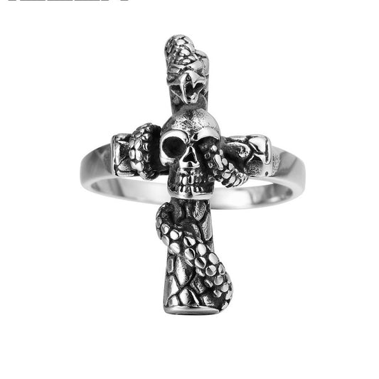 Halloween Skull Snake Cross Titanium Steel Ring for Men