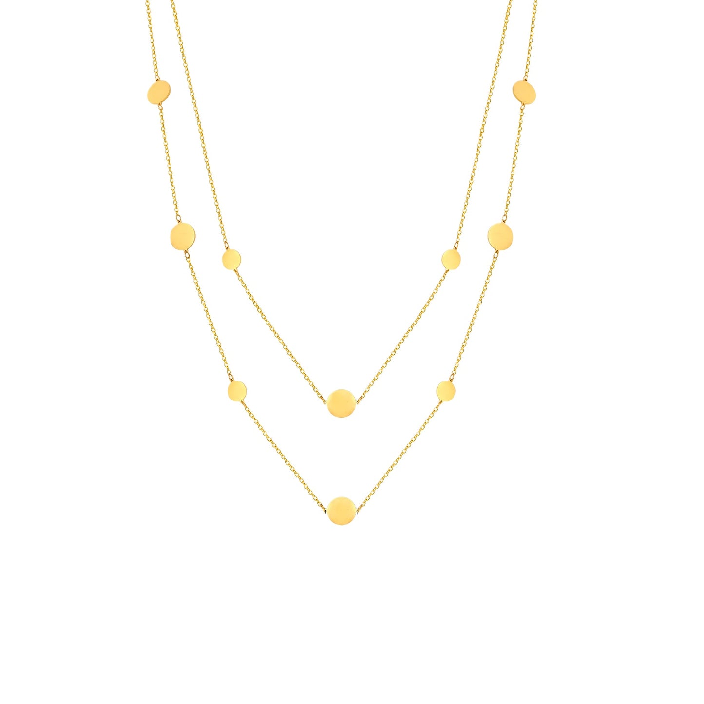 Stainless Steel Hollow Pleated Round Gold Beads Y-Shaped Necklace Size Disc Double Layer