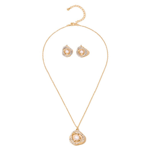 1 Set of French Temperament Metal Ring Zircon-encrusted Design Sense Pearl Pendant Ladies Necklace Earrings Jewelry Set