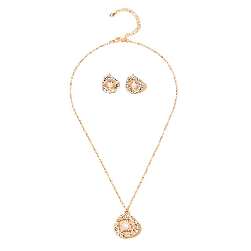 French Elegance Pearl Pendant Jewelry Set with Zircon Metal Ring - Vienna Verve Collection