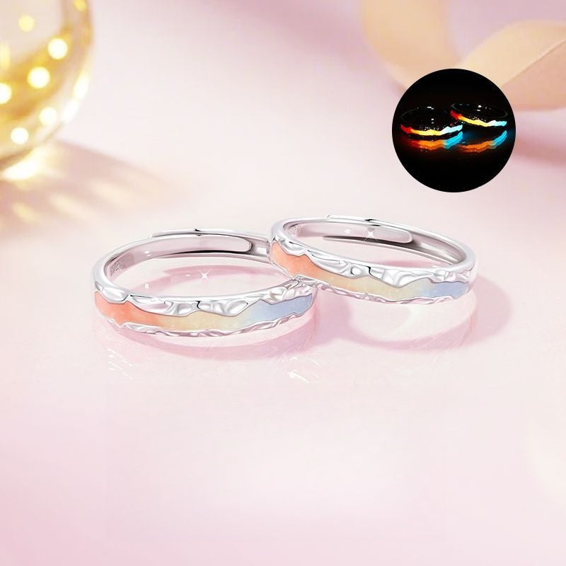 Planderful Sterling Silver Rainbow Luminous Couple Ring Adjustable Gift For Couples
