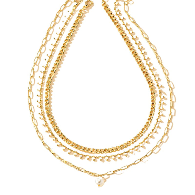 Luxurious Pearl Stacked Necklace Set with Simple Clavicle Chain - Vienna Verve Collection