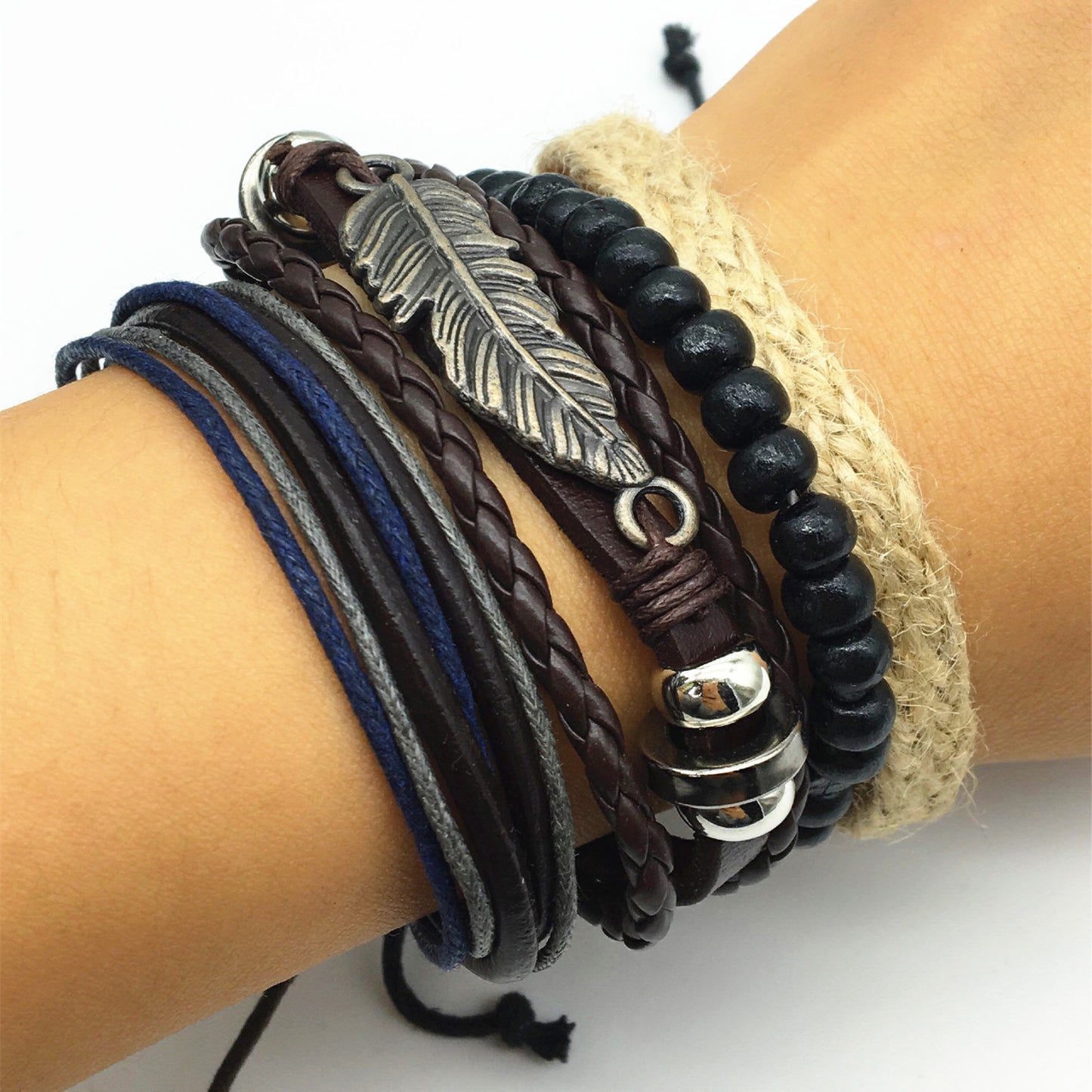 Retro Leaf Charm Leather Bracelets for Couples