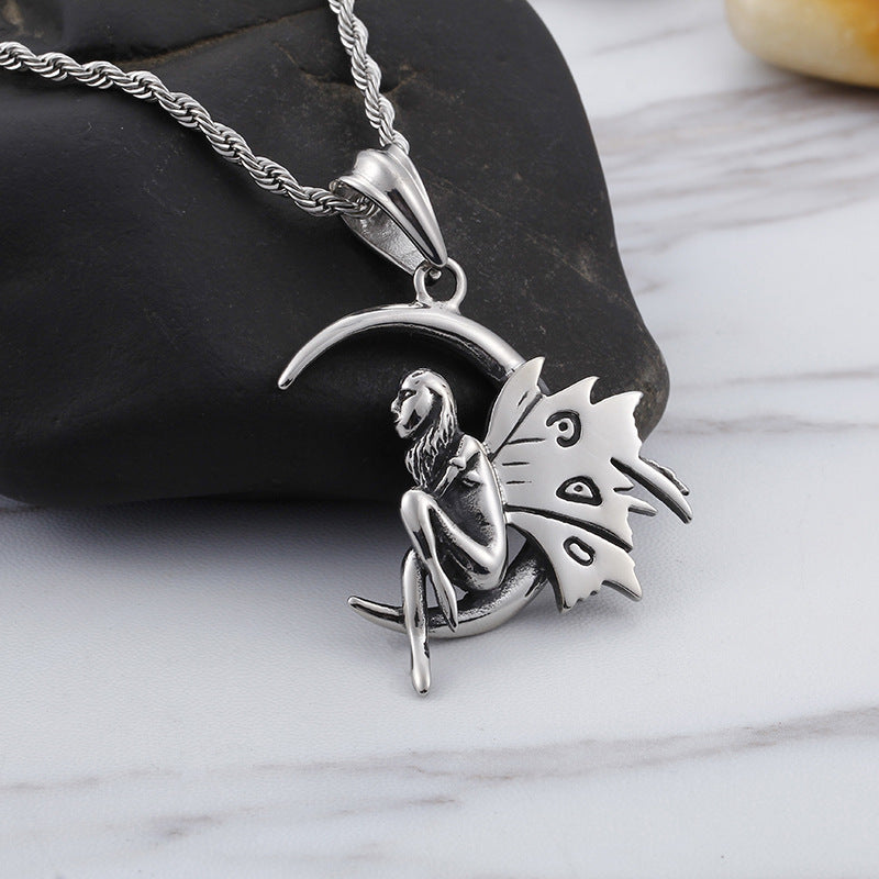 Titanium Steel Moon Angel Pendant for Men - Trendy Stainless Steel Jewelry in Europe and America