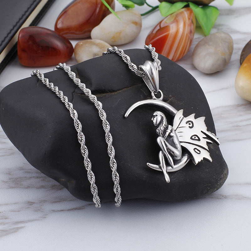 Titanium Steel Moon Angel Pendant for Men - Trendy Stainless Steel Jewelry in Europe and America