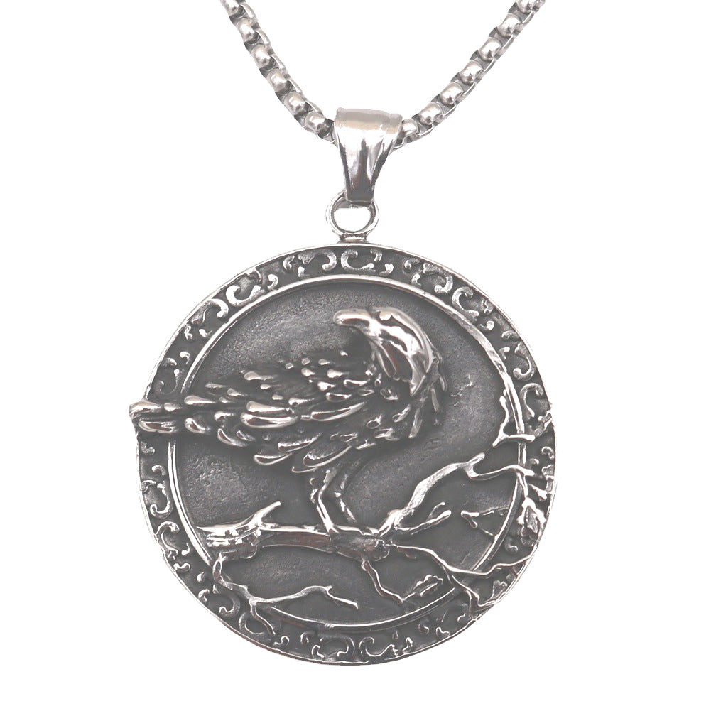 Viking Crow Compass Rune Necklace with Titanium Steel Pendant - Premium Quality Men's Jewelry