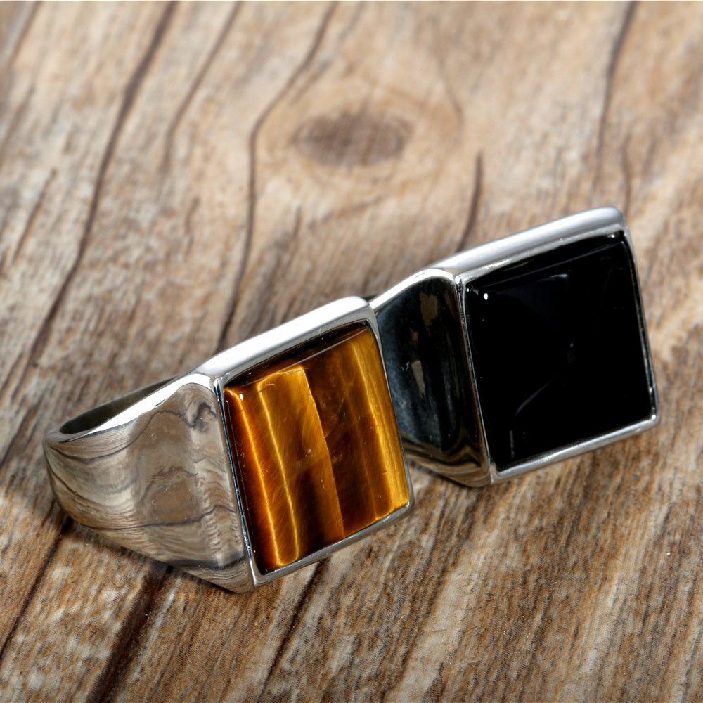 Titanium Steel Retro Punk Agate Ring for Men - Trendy Square Design in Sizes 7-12