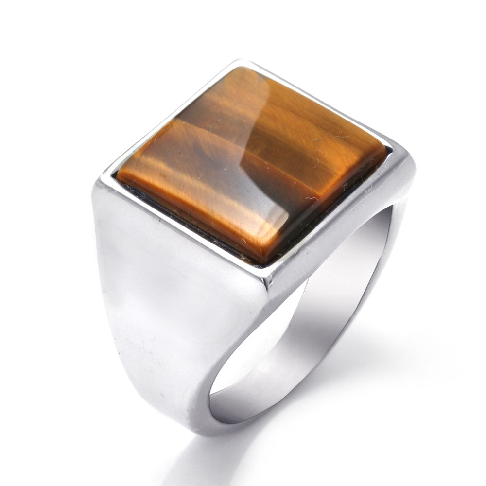 Titanium Steel Retro Punk Agate Ring for Men - Trendy Square Design in Sizes 7-12