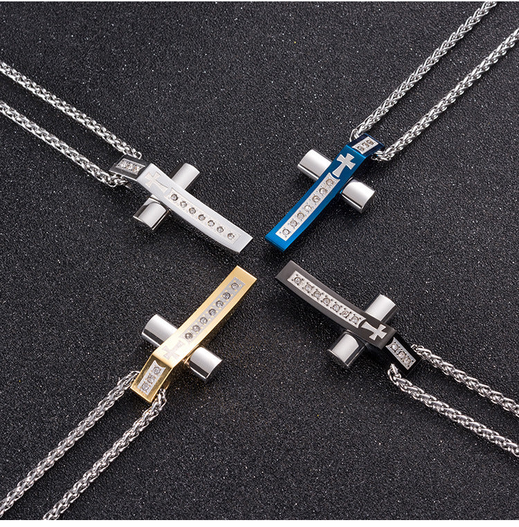 Planderful Stainless Steel Cross Pendant With Zircon Inlay Mens Necklace Unisex Protection Statement