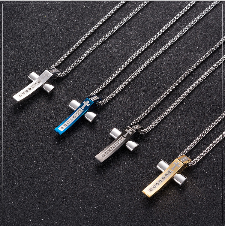 Planderful Stainless Steel Cross Pendant With Zircon Inlay Mens Necklace Unisex Protection Statement