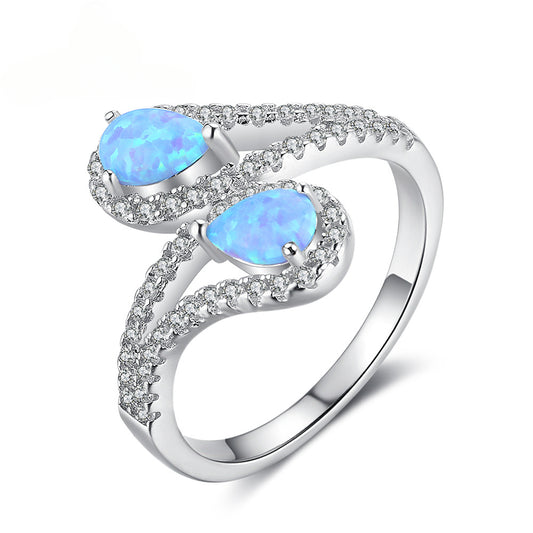 Double Pear Shape Blue Opal Zircon Sterling Silver Ring