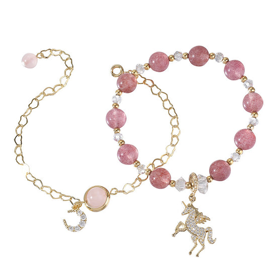 Unicorn Crystal Bracelet with Strawberry and Peach Blossom Gems - Sterling Silver Female Student Gift