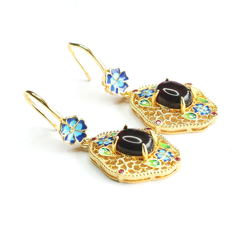 Blood Amber Enamel Floral Drop Earrings