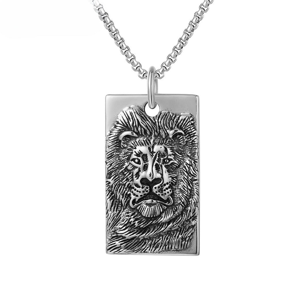 Planderful Titanium Steel Pendant Necklace For Men And Unisex Retro Lion Square Design Everyday Genie