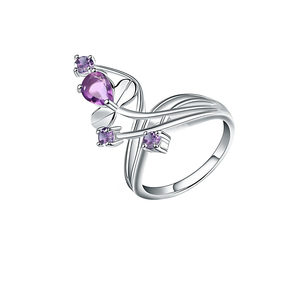 Flower Branch Natural Gemstones Silver Ring