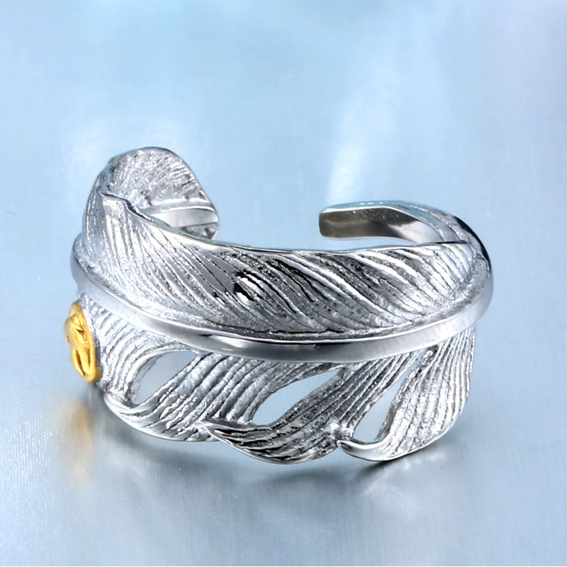 Elegant Open Couple Rings in Titanium Steel - Modern Gold Feather Designs for Him and Her