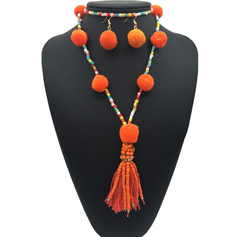 Bohemian Fluffy Tassel Necklace and Earrings Set