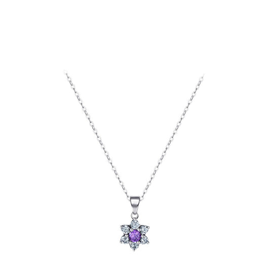 Stylish Sterling Silver Necklace with Purple Zirconium Flowers