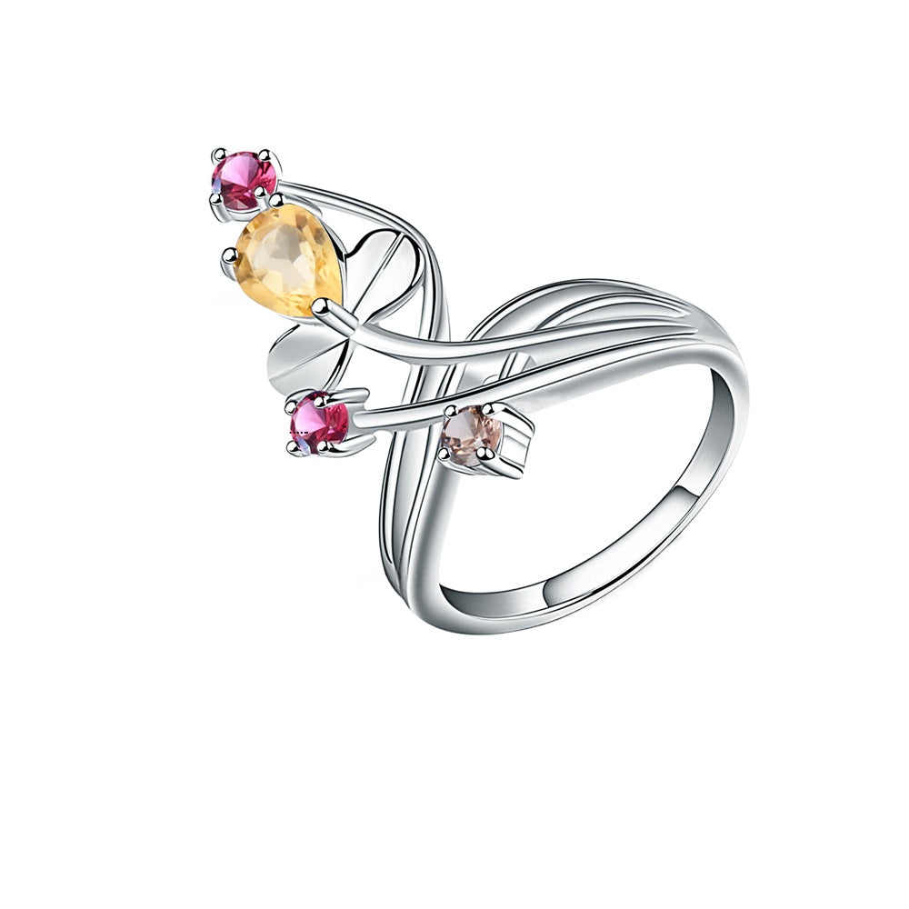 Flower Branch Natural Gemstones Silver Ring