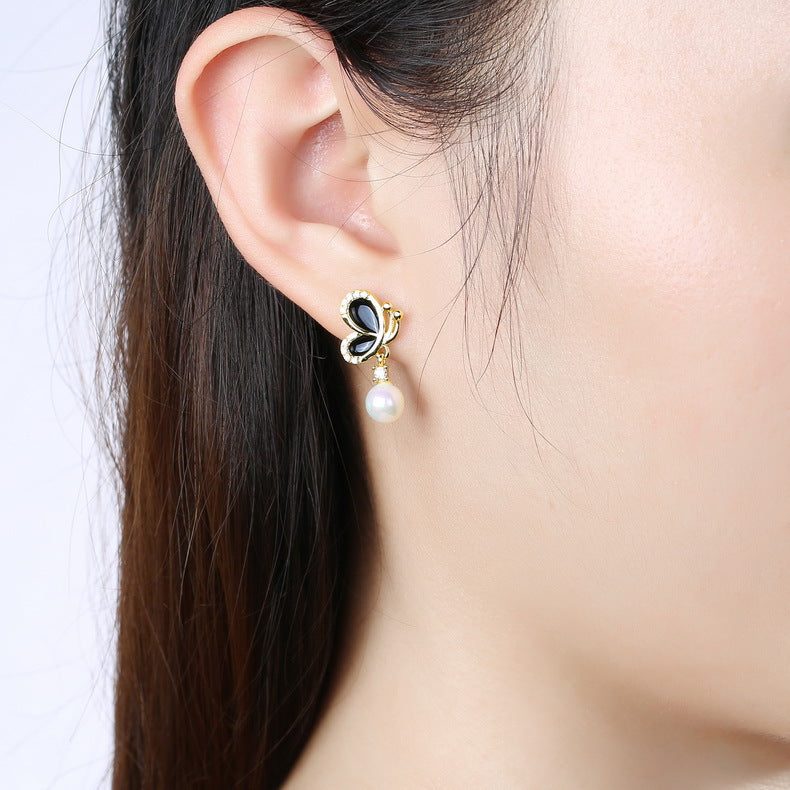 Butterfly Zircon Round Pearl Pendant Golden Sterling Silver Drop Earrings