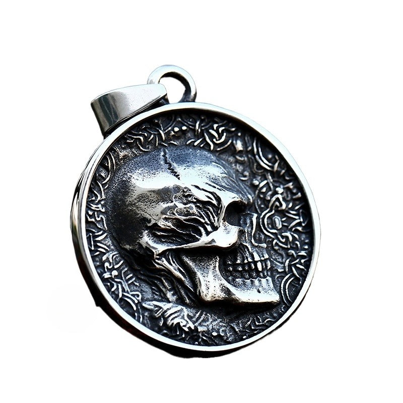 Stainless Steel Casting Engraved Skull Pendant – Hip-Hop Titanium Steel Round Plate Necklace