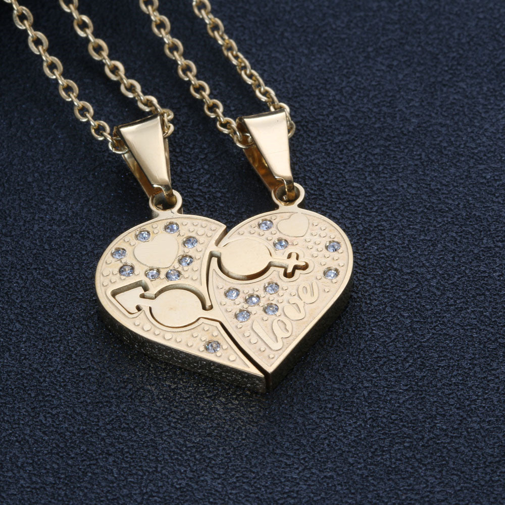 Titanium Steel Heart Pendant for Couples - Stylish Zircon Key Love Jewelry for Men and Women