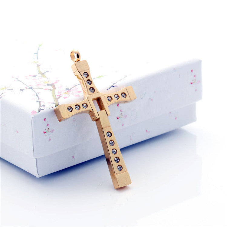 Titanium Steel Cross Pendant with Zircon Stones - European and American Style Men's Jewelry